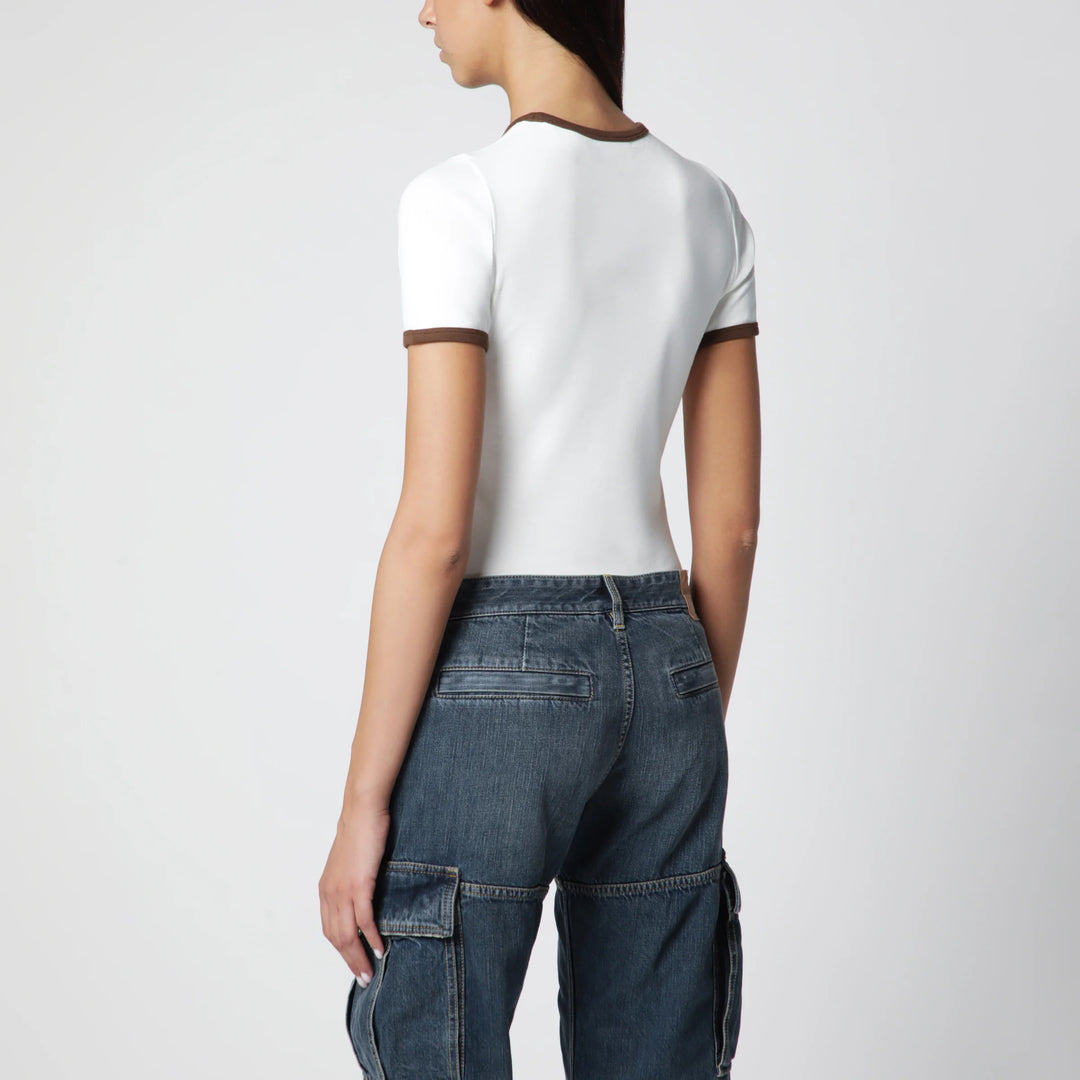 Courrèges - White/Brown cotton T-shirt with contrast crew neck