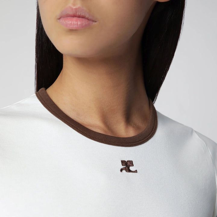 Courrèges - White/Brown cotton T-shirt with contrast crew neck