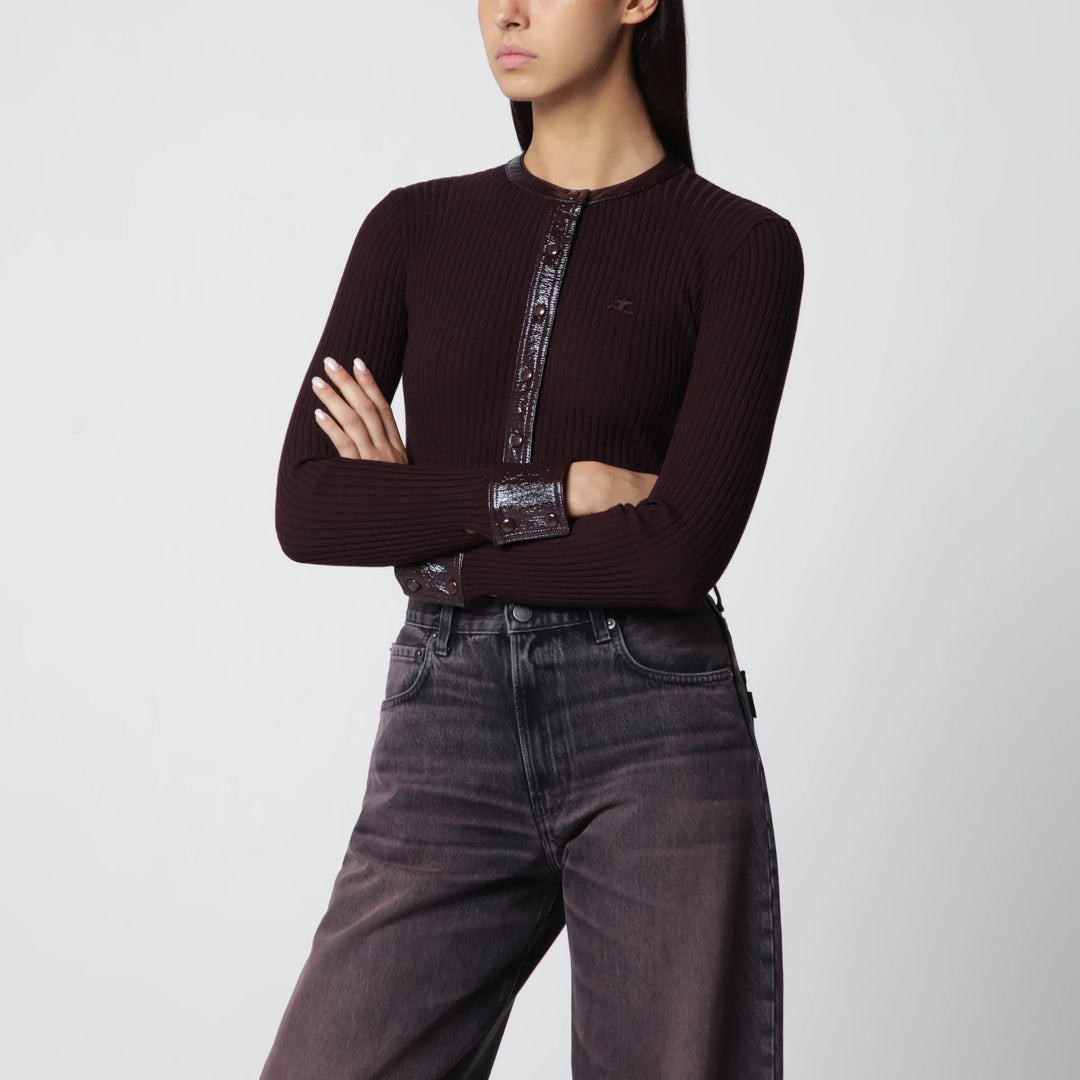 Courrèges - Ribbed knit cardigan with vinyl trim in burgundy Brand Apparel &amp; Accessories > Clothing > Shirts &amp; Tops