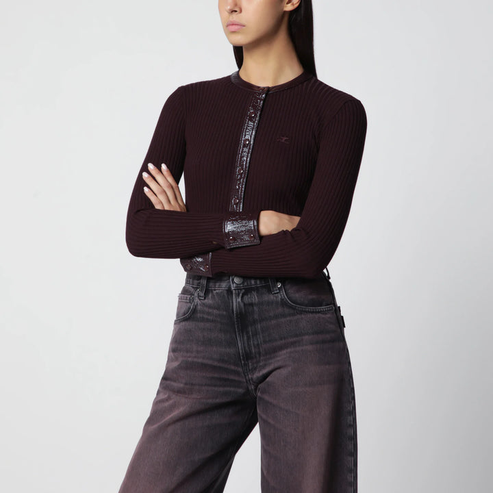 Courrèges - Ribbed knit cardigan with vinyl trim in burgundy Brand Apparel &amp; Accessories > Clothing > Shirts &amp; Tops