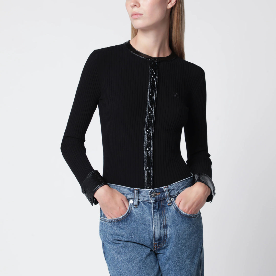 Courrèges - Ribbed viscose-blend cardigan with vinyl trim, black