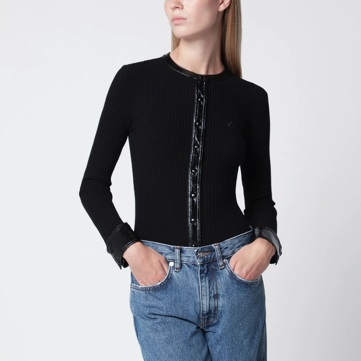 Courrèges - Ribbed viscose-blend cardigan with vinyl trim, black