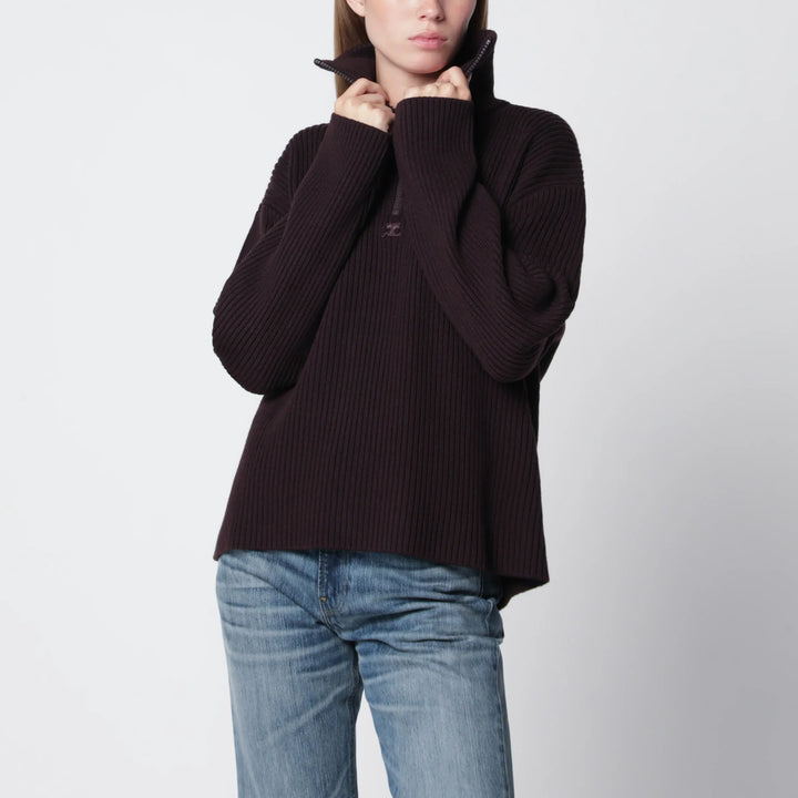 Courrèges - Dark burgundy ribbed zip sweater Brand Apparel &amp; Accessories > Clothing > Shirts &amp; Tops