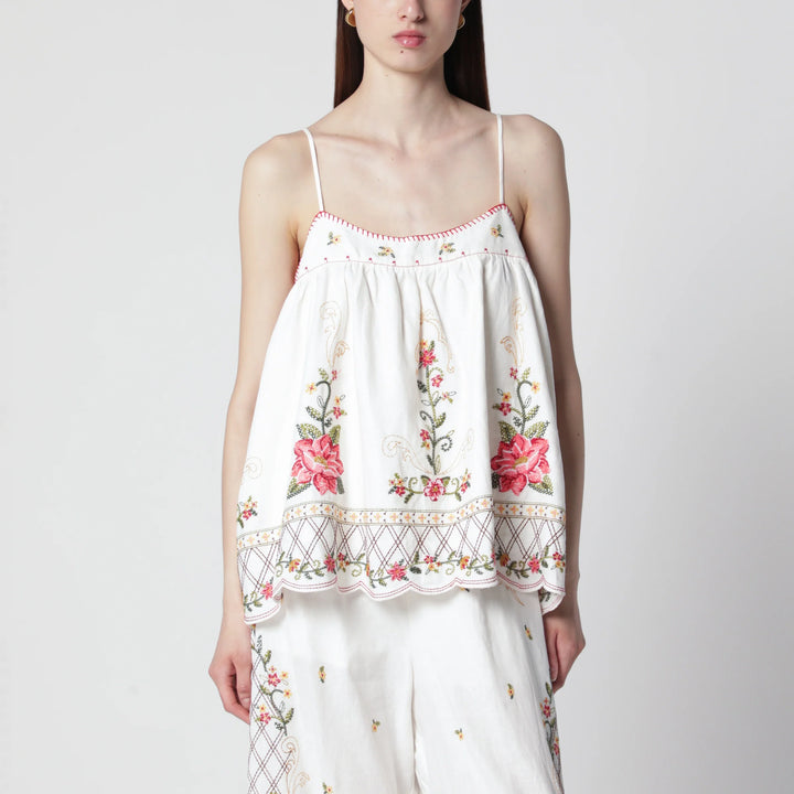 FARM Rio - Linen-blend top with floral embroidery