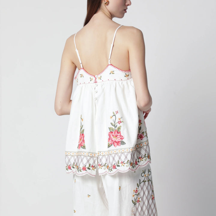 FARM Rio - Linen-blend top with floral embroidery