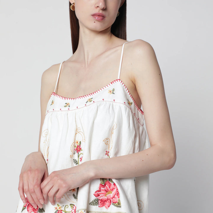 FARM Rio - Linen-blend top with floral embroidery