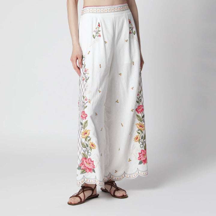 FARM Rio - Linen-blend trousers with floral embroidery