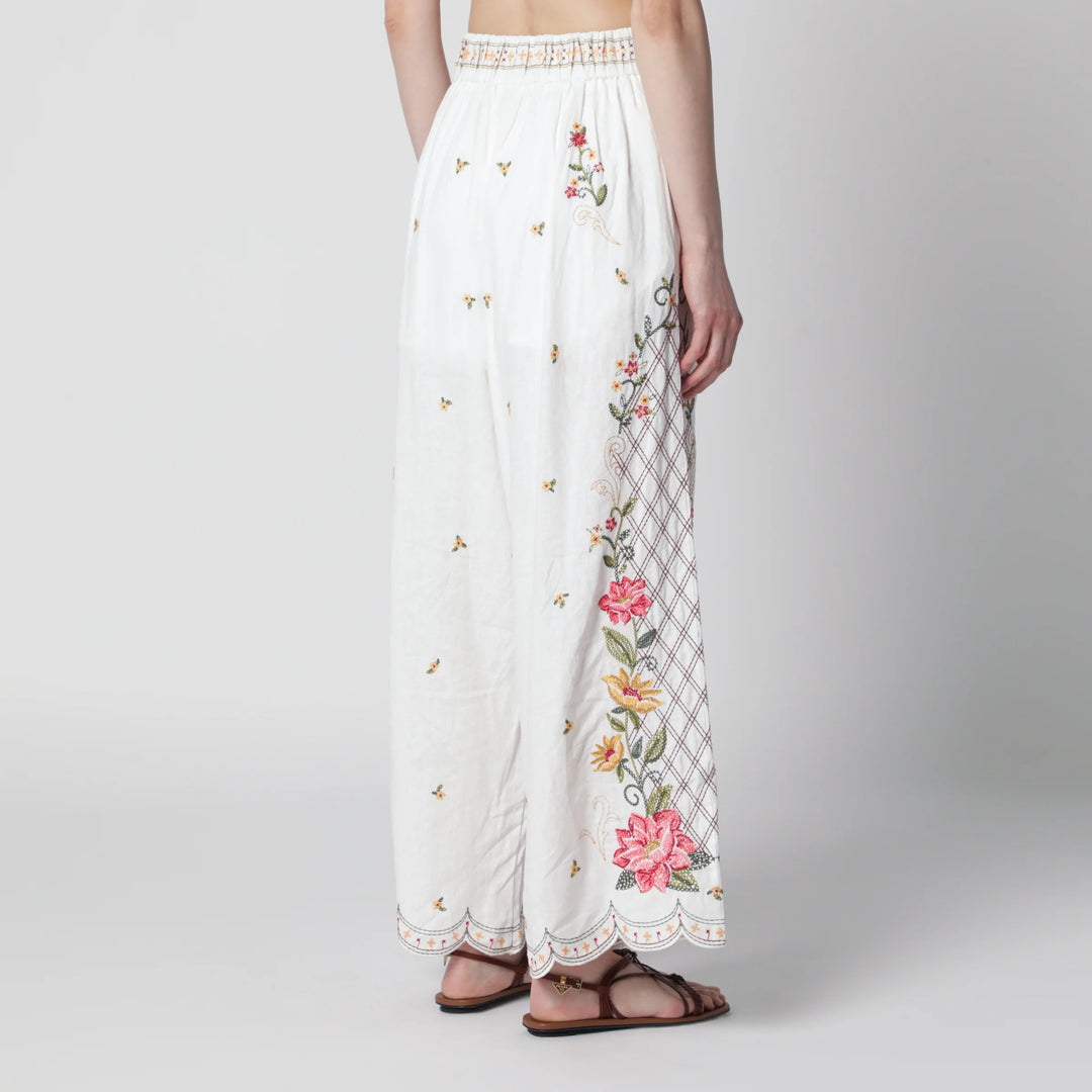 FARM Rio - Linen-blend trousers with floral embroidery