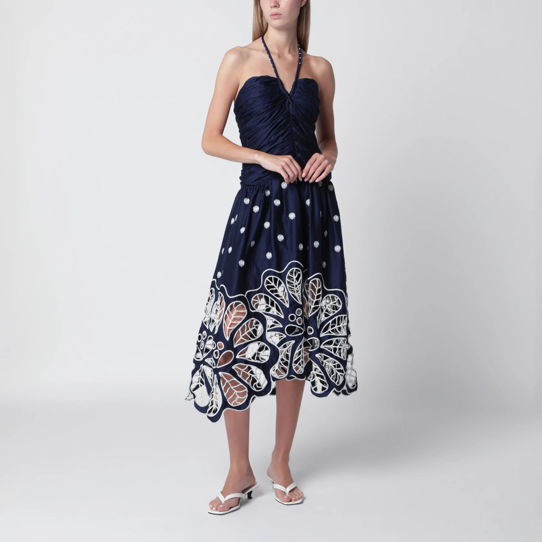 FARM Rio - Navy blue Richelieu midi dress with embroidery
