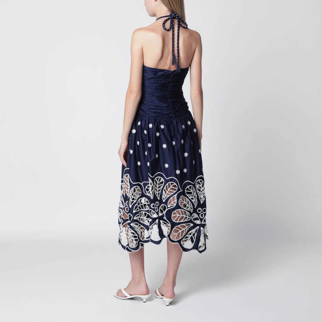 FARM Rio - Navy blue Richelieu midi dress with embroidery