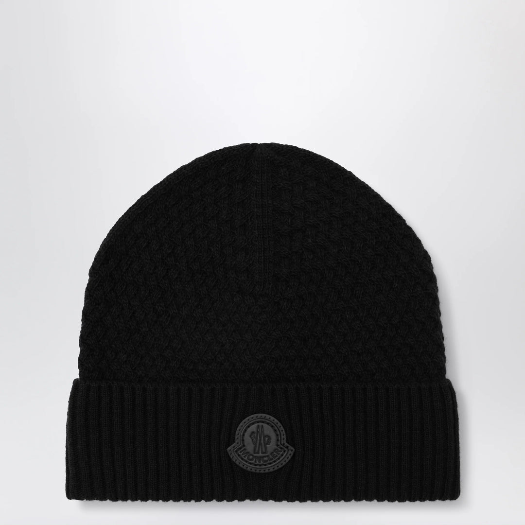 Moncler - Black wool beanie with logo patch