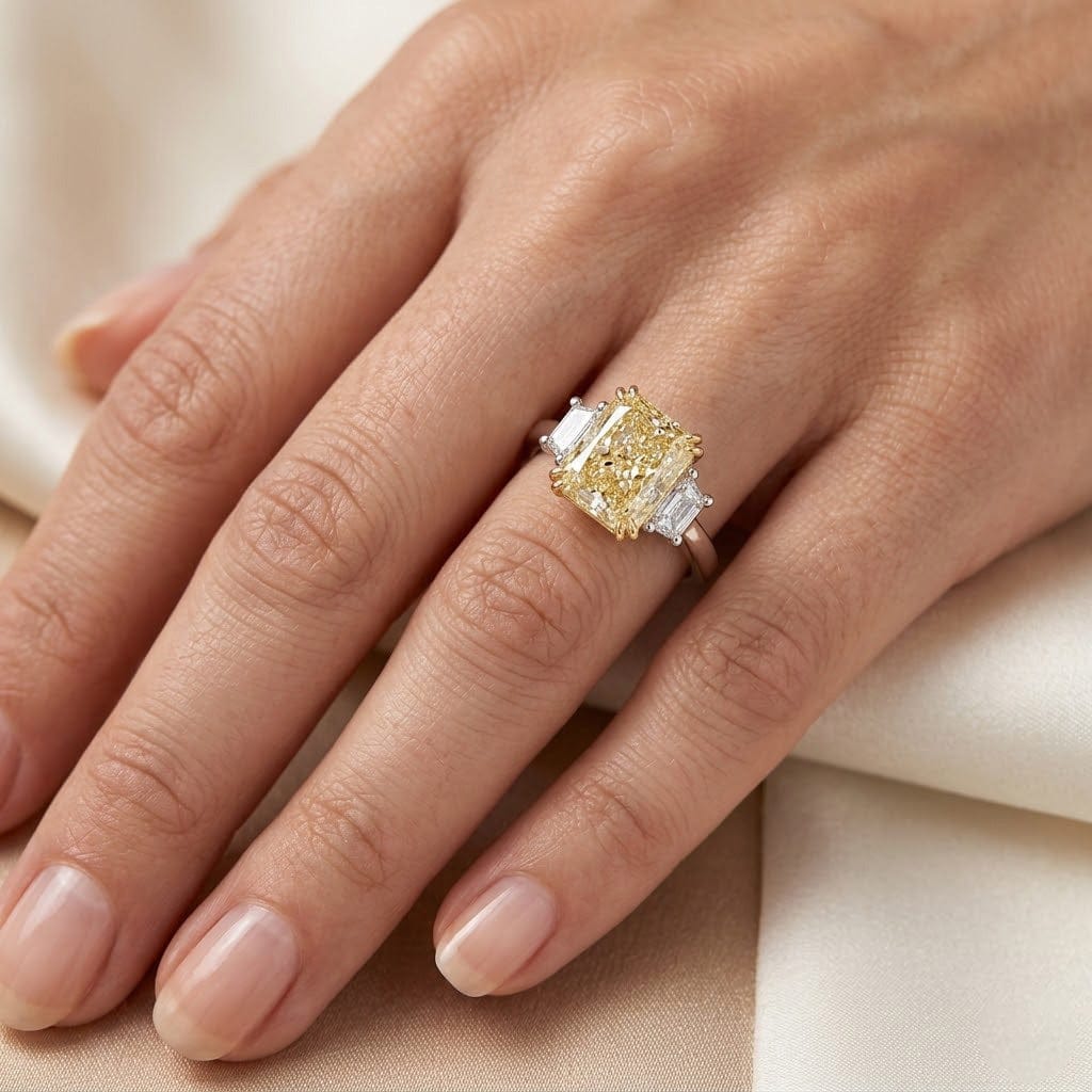 LEIBISH 3.18ct Light Yellow Radiant Three-Stone Diamond Ring Brand Ring