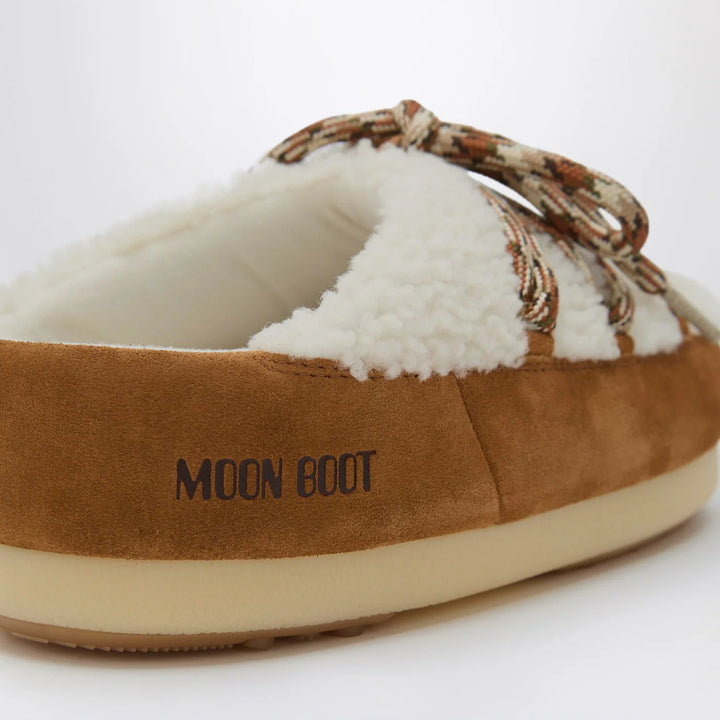Moon Boot - White shearling and suede mules