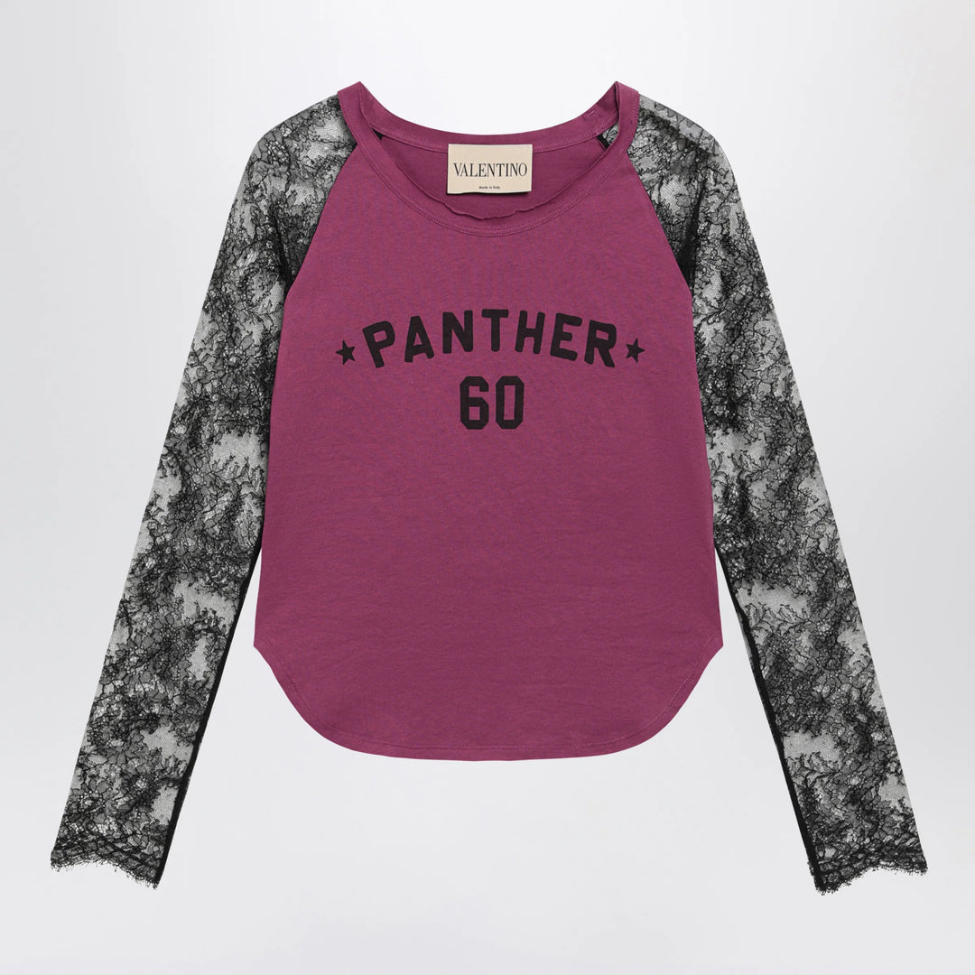 Valentino - Cyclamen Panther 60 T-shirt with black lace sleeves