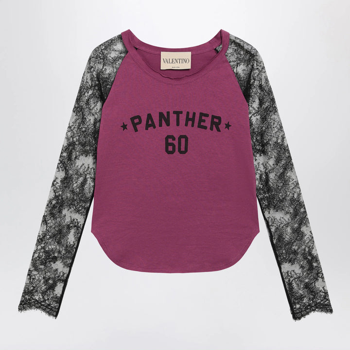 Valentino - Cyclamen Panther 60 T-shirt with black lace sleeves