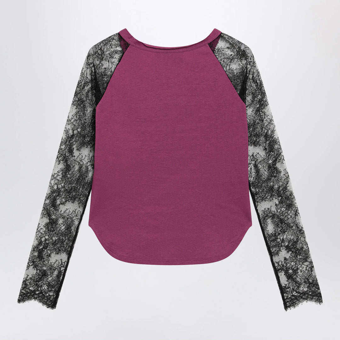 Valentino - Cyclamen Panther 60 T-shirt with black lace sleeves