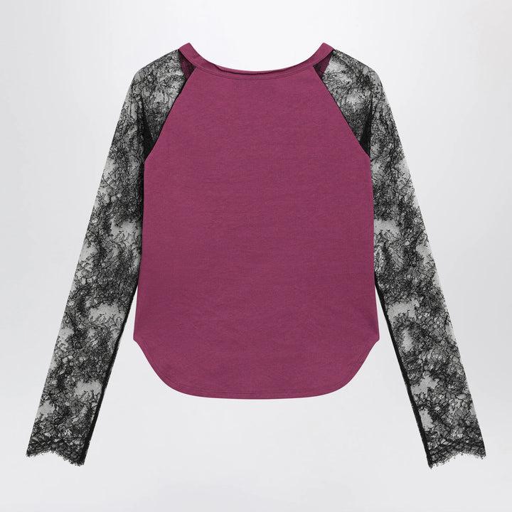 Valentino - Cyclamen Panther 60 T-shirt with black lace sleeves