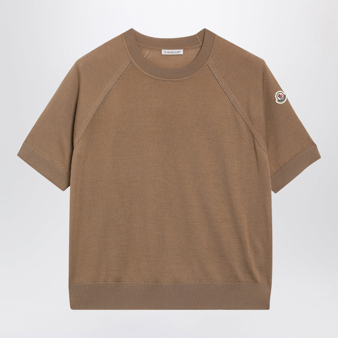 Moncler - Beige wool sweater with logo patch