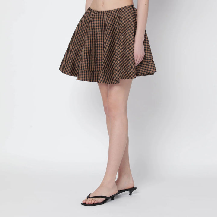 GANNI - Brown/black gingham flared mini skirt