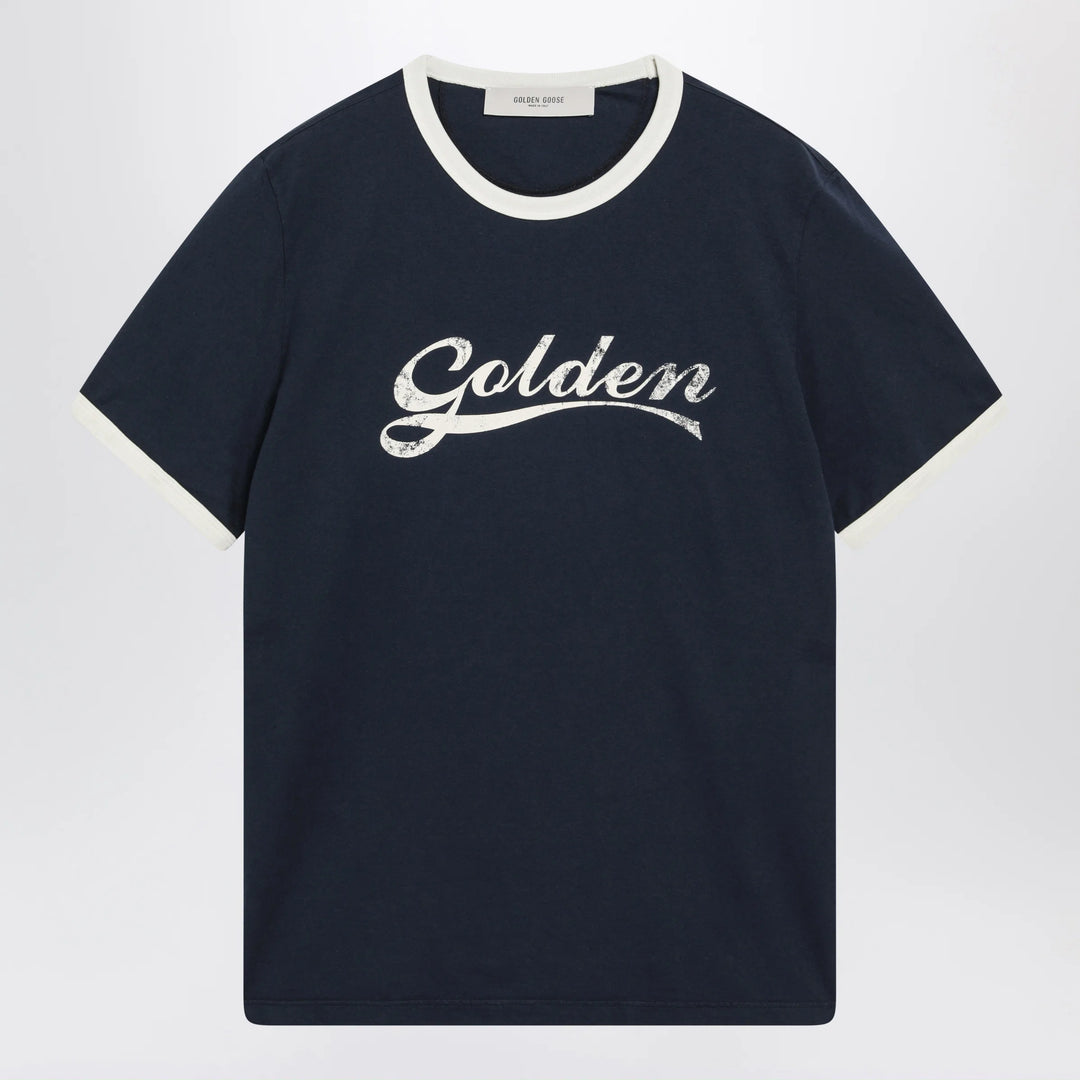 Golden Goose - Cotton T-shirt with vintage logo print in blue/white