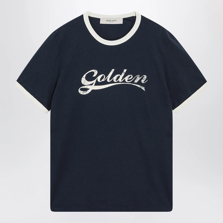 Golden Goose - Cotton T-shirt with vintage logo print in blue/white