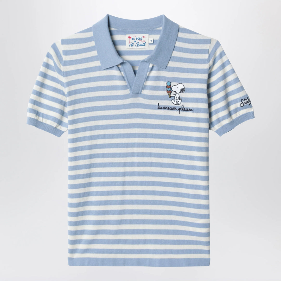 MC2 Saint Barth - White/light blue striped polo shirt with Snoopy embroidery