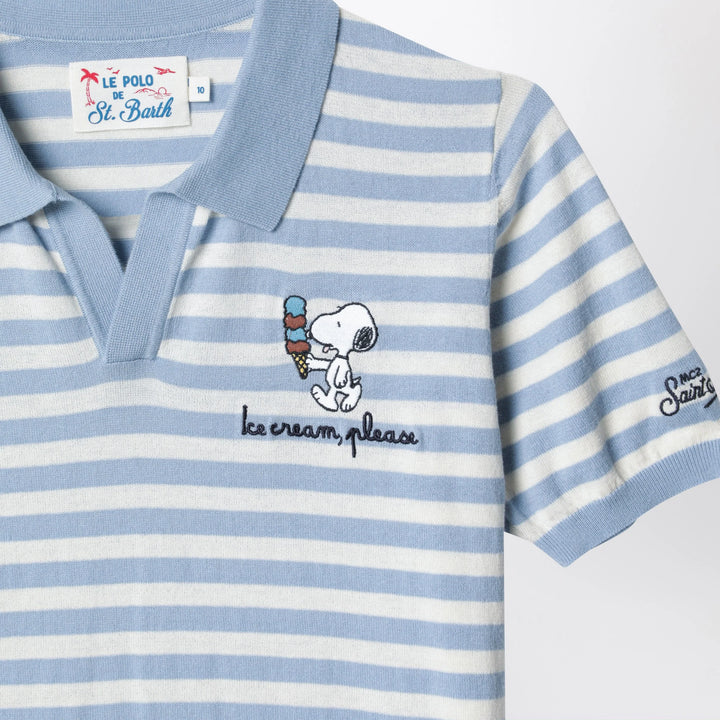 MC2 Saint Barth - White/light blue striped polo shirt with Snoopy embroidery