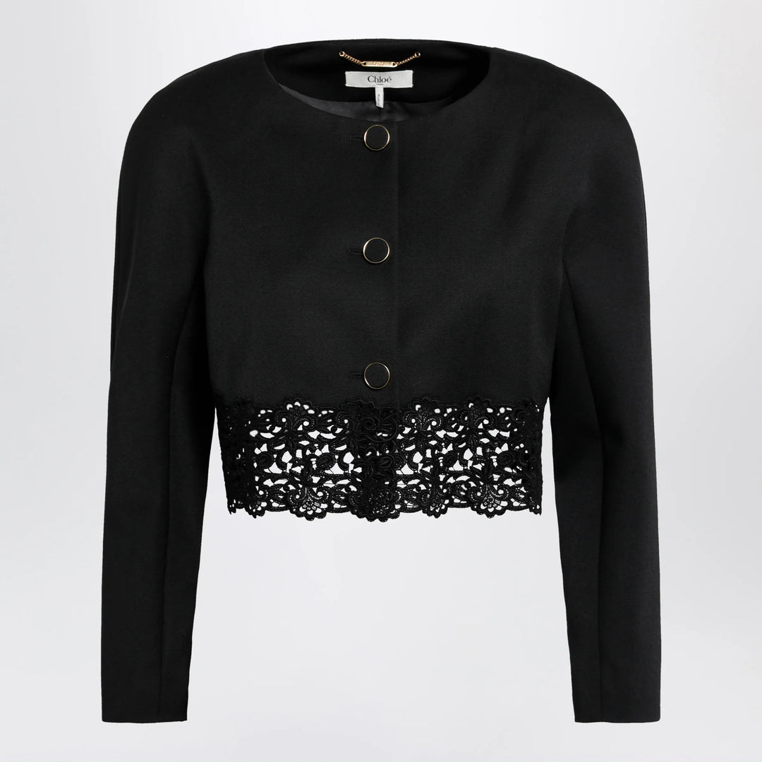 Chloé - Black cropped jacket with openwork trim Brand Apparel & Accessories > Clothing > Outerwear > Coats & Jackets 36  FR