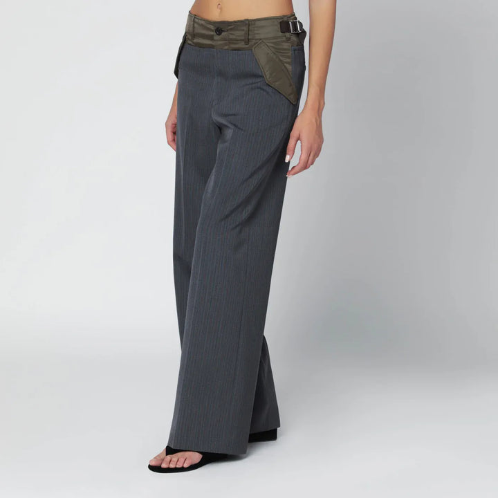Sacai - Grey/khaki pinstripe bi-material trousers Brand Apparel &amp; Accessories > Clothing > Pants