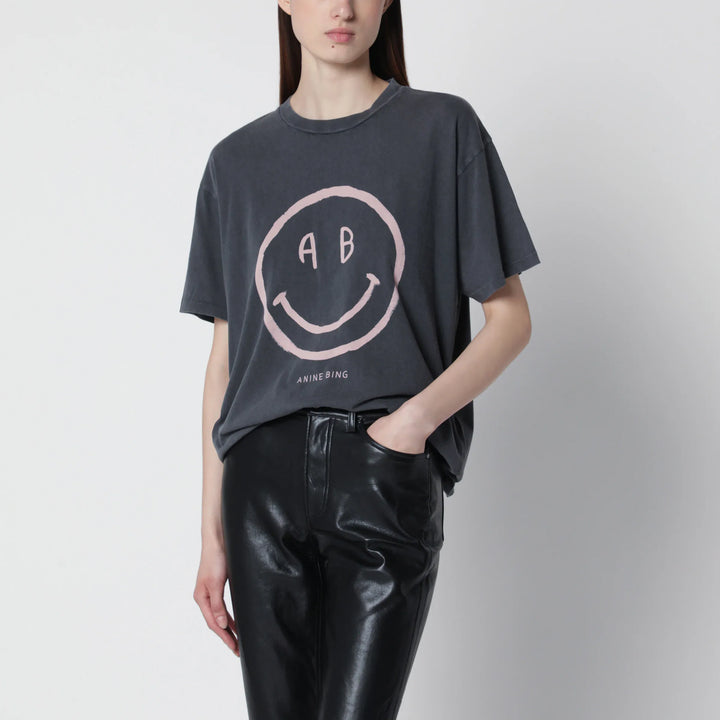 ANINE BING - Cade Tee Smiley graphic cotton T-shirt in Washed Grey Brand Apparel &amp; Accessories > Clothing > Shirts &amp; Tops