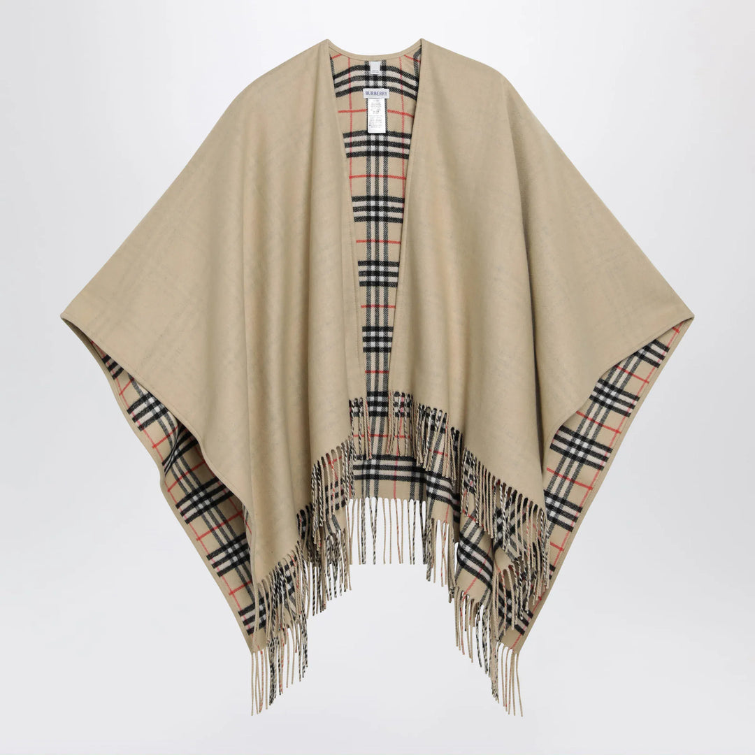 Burberry - Reversible wool check cape with fringes in sand beige Brand Coats &amp; Jackets U