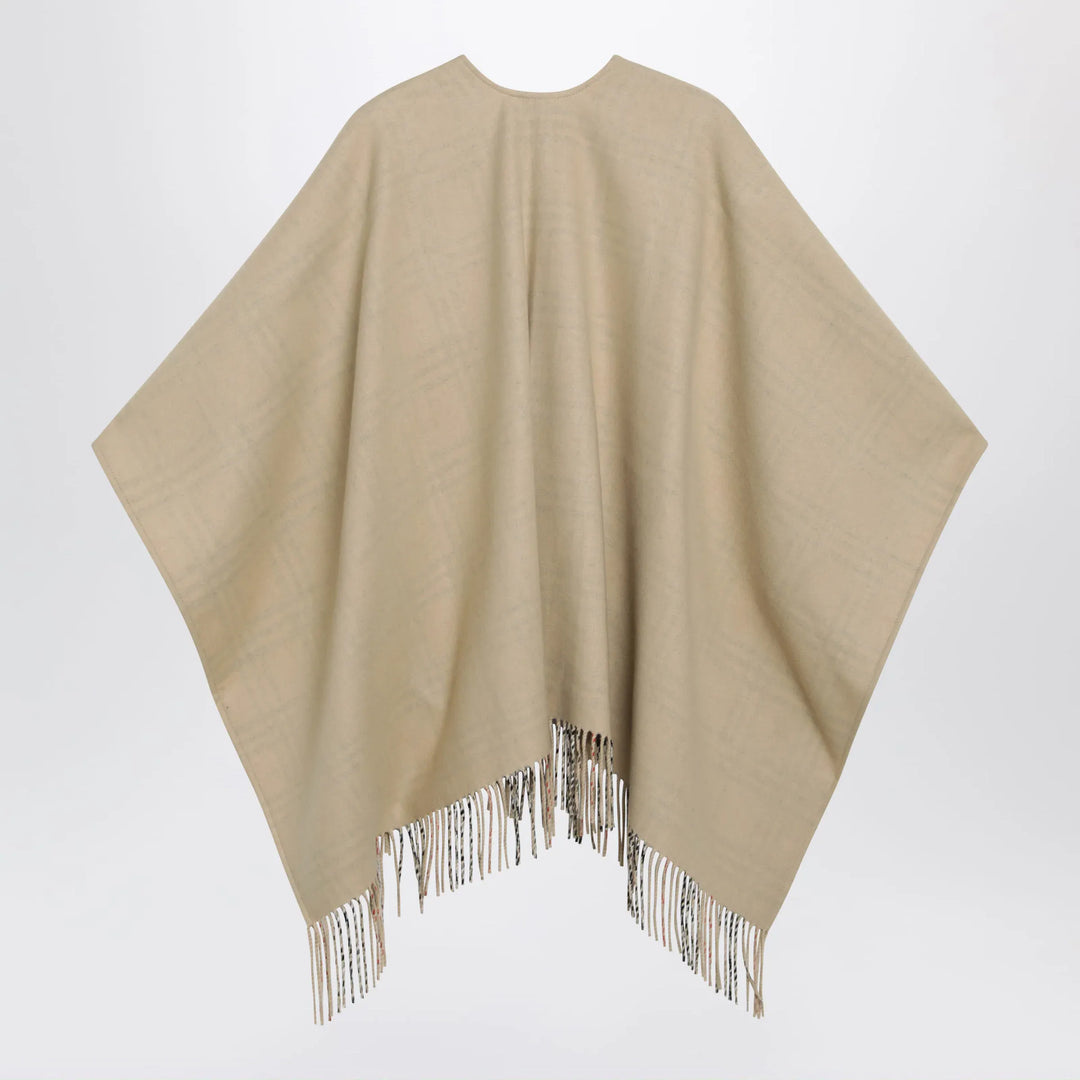 Burberry - Reversible wool check cape with fringes in sand beige Brand Coats &amp; Jackets U