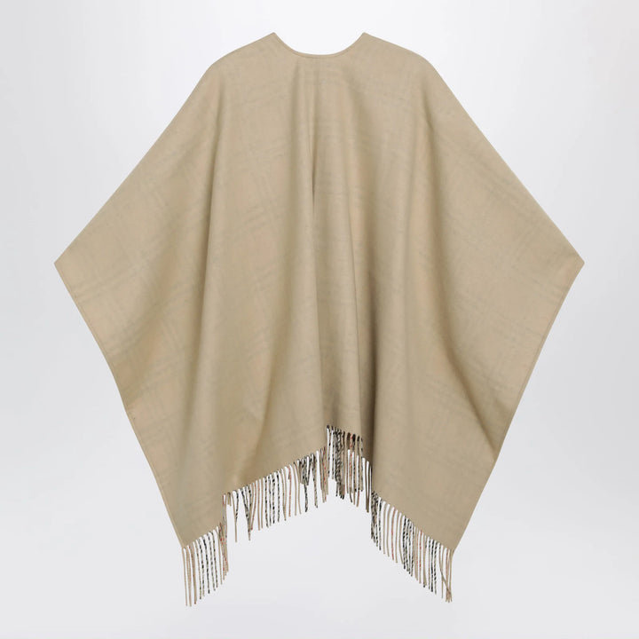 Burberry - Reversible wool check cape with fringes in sand beige Brand Coats &amp; Jackets U