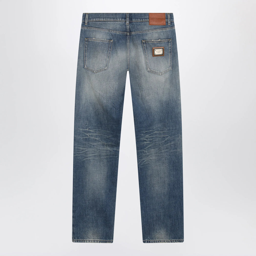 Dolce&Gabbana - Blue Washed-Effect Jeans with Logo Plaque Brand