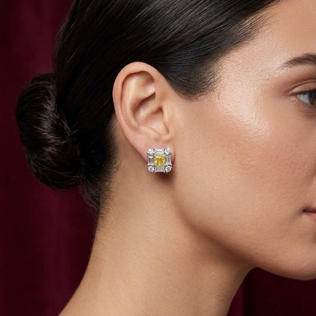 LEIBISH 1.01ct Fancy Intense Yellow Cushion Diamond Halo Earrings Brand Earrings