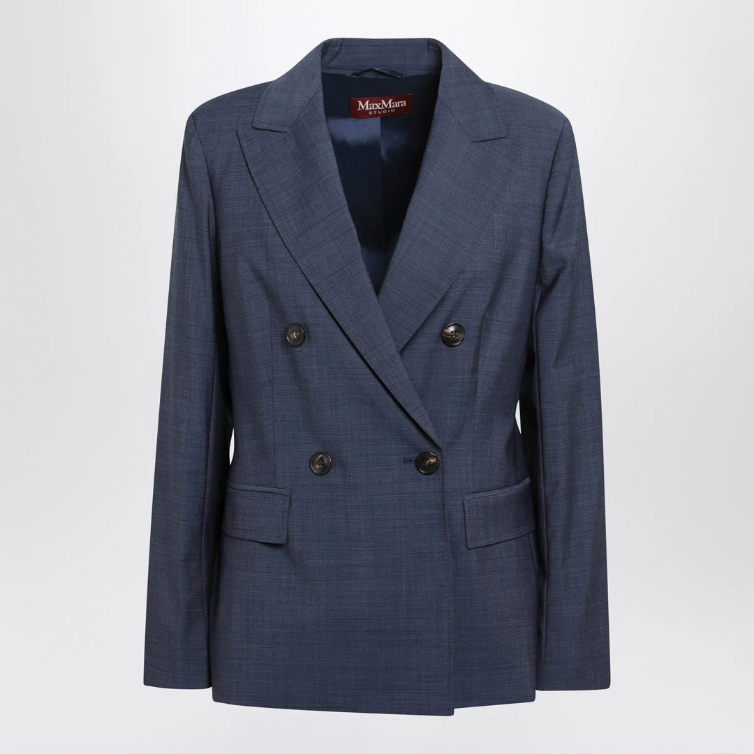 Max Mara Studio - Double-Breasted Jacket in Denim Blue Wool Canvas Brand 40  IT