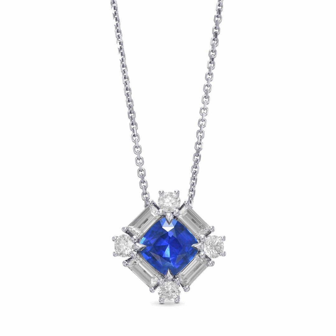 LEIBISH 0.92ct Cushion Blue Sapphire &amp; Baguette Diamond Pendant Brand Necklace