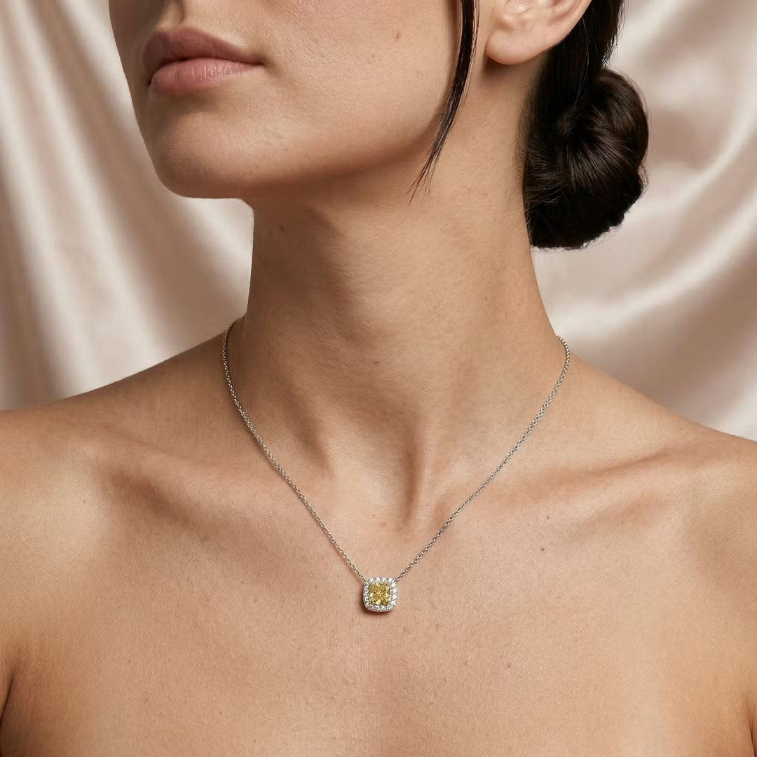 LEIBISH 1.12ct Fancy Intense Yellow Cushion Diamond Halo Pendant Brand Necklace