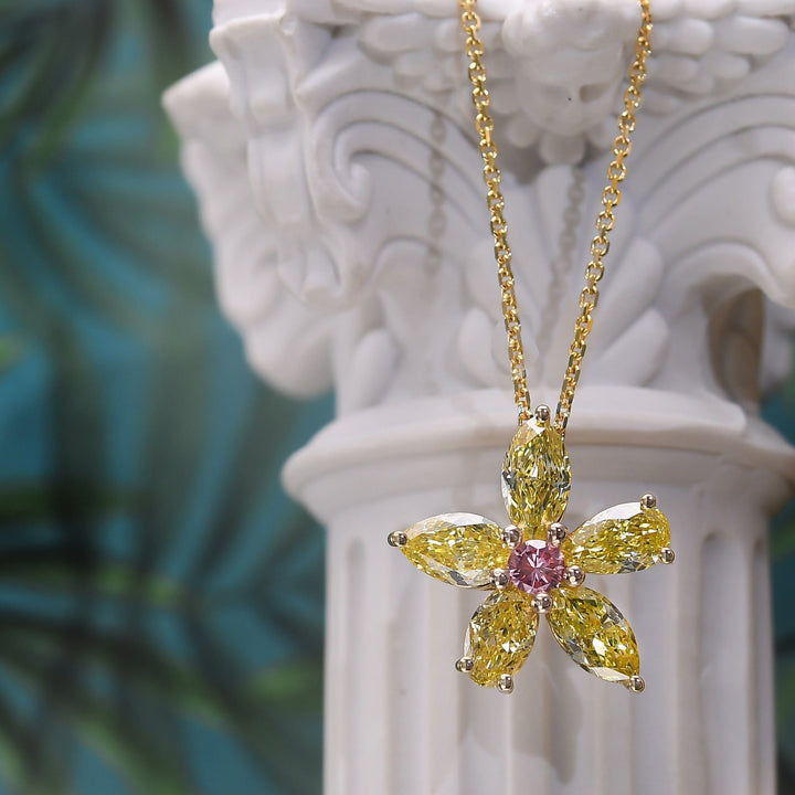 LEIBISH 1.19ct Fancy Yellow &amp; Orangy Pink Diamond Floral Pendant Brand Necklace