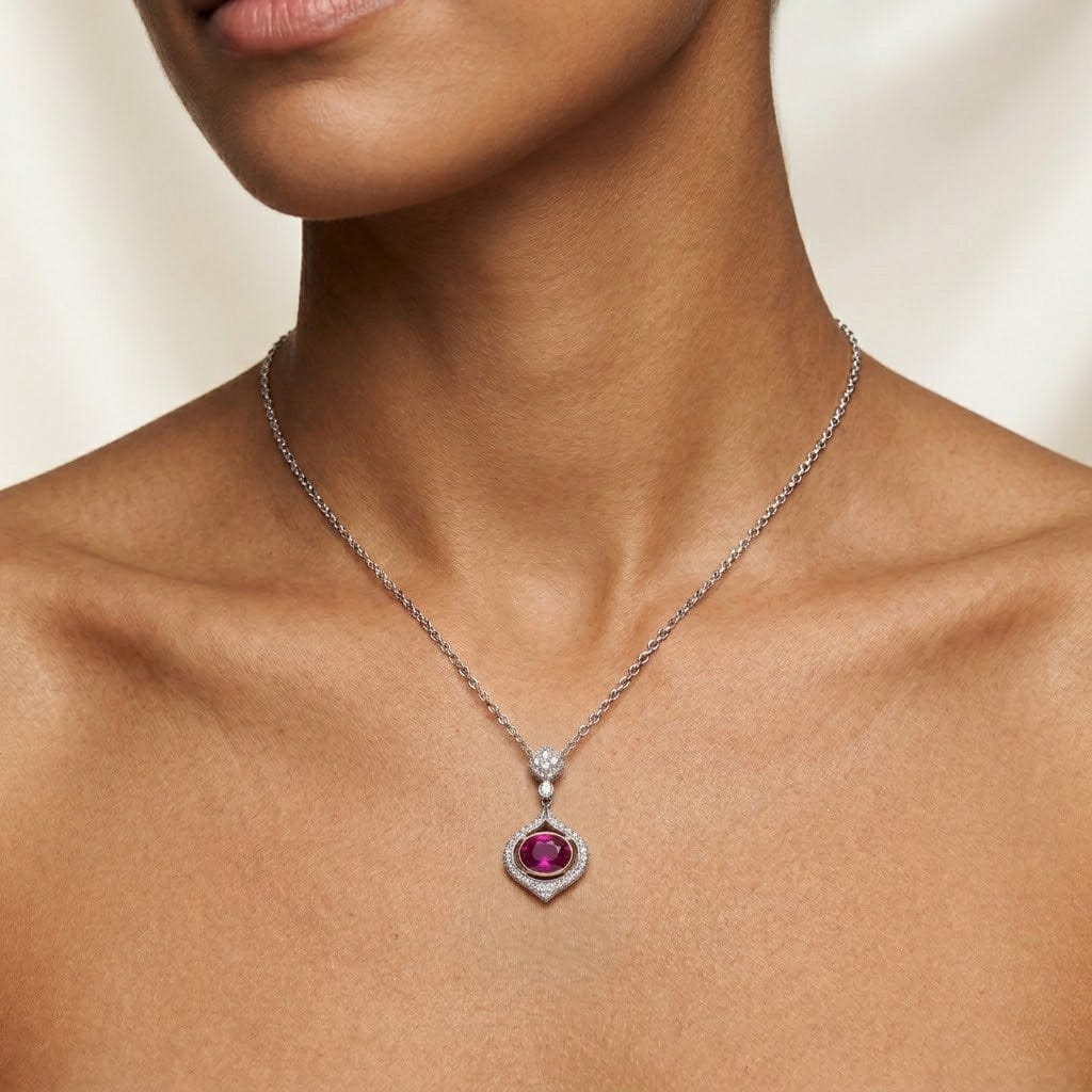 LEIBISH 2.16ct Oval Ruby &amp; Diamond Drop Pendant Brand Necklace