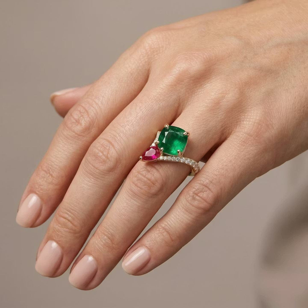 LEIBISH 4.50ct Emerald &amp; Ruby Two-Stone Diamond Ring Brand Ring