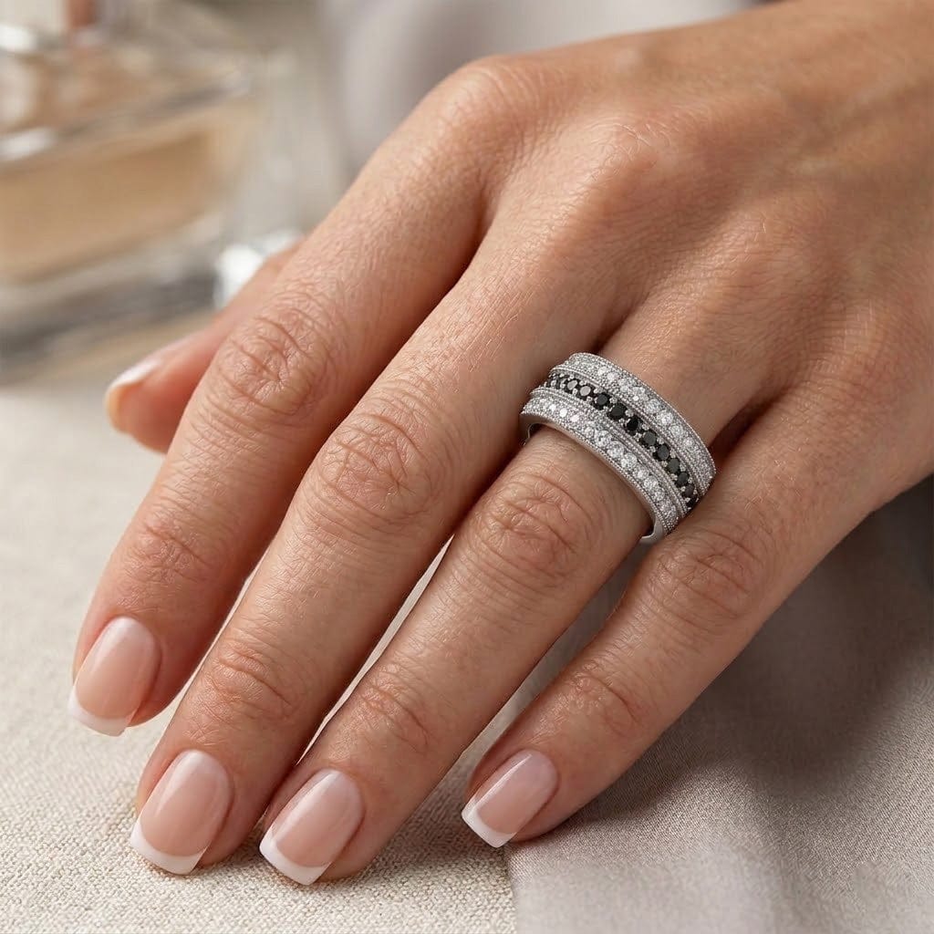 LEIBISH Black &amp; White Diamond Milgrain Wedding Band Brand Ring