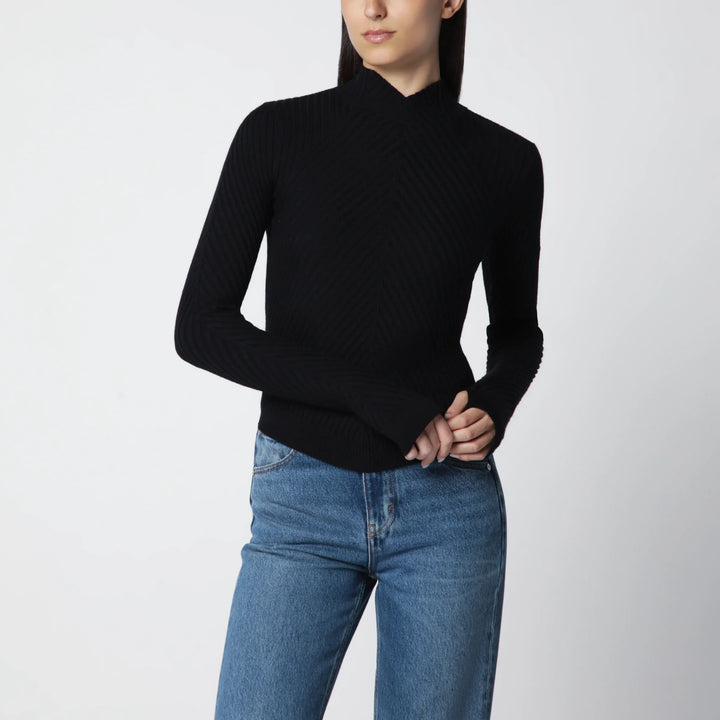 Victoria Beckham - Georgia Ribbed Sweater in Black Merino Wool Brand M