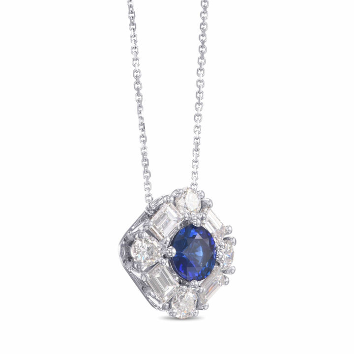 LEIBISH 0.66ct Round Blue Sapphire &amp; Baguette Diamond Pendant Brand Necklace