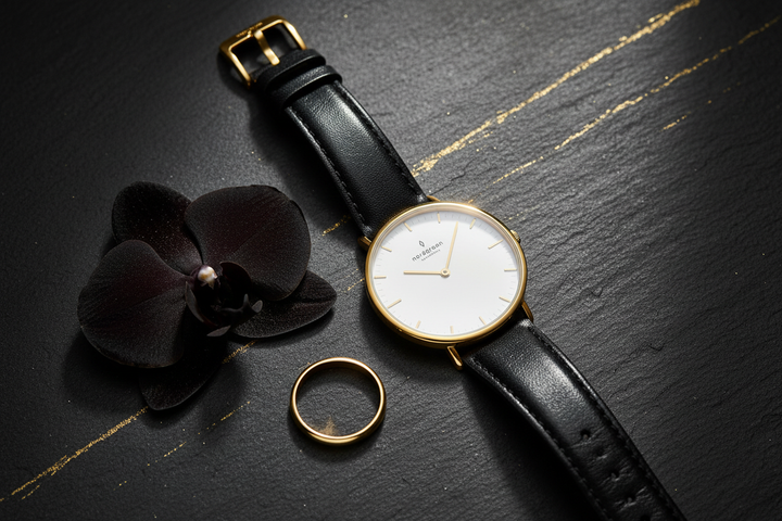 Nordgreen Native Yellow Gold Black Leather Flat Lay Lifestyle